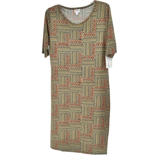 LuLaRoe Retired Julia Dress L Graphic Print Olive Green SS Form Fitting NWT - Picture 1 of 7